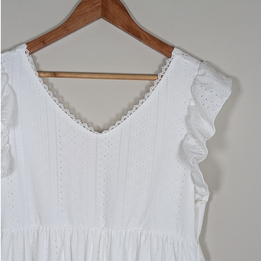 SheIn Eyelet Ruffle Dress Women Large 8/10 White Coquette V-Back Tie Mini Dress